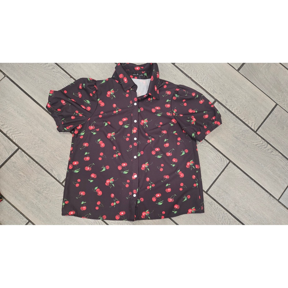 Emery Rose SHEIN Cherry Print Puff Sleeve Button Down Blouse Top 0XL